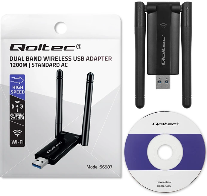 Qoltec 56987 Adapteris USB DUAL Wi-Fi su antena 2 x 2dBi | Standartinė kintamoji srovė | USB 3.0 | 1200 Mbps