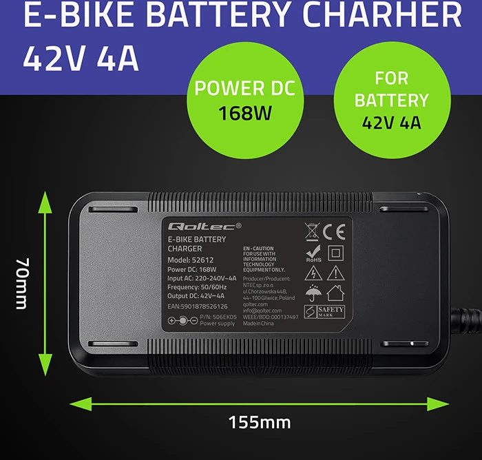 Qoltec greitas įkroviklis elektriniam dvir. 36V 42V 4A 5.5x2.1 su kabeliu