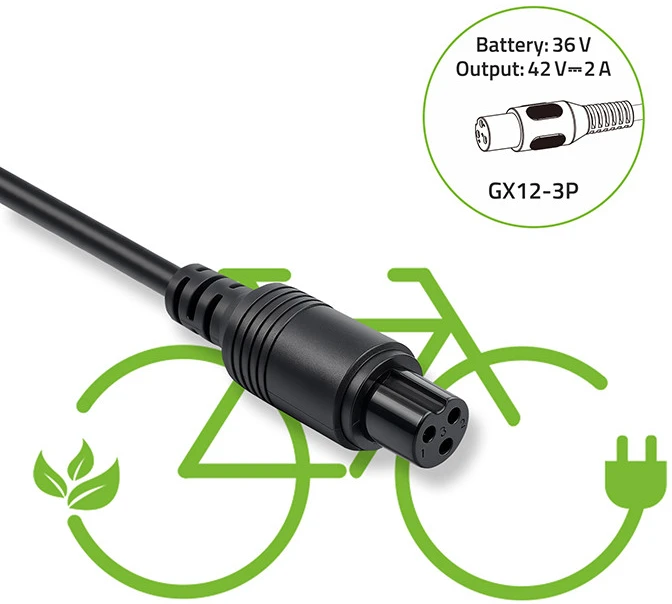 Qoltec greitas įkroviklis elektriniam dviratiui 36V 42V 2A GX12-3Pin su maitinimo kabeliu