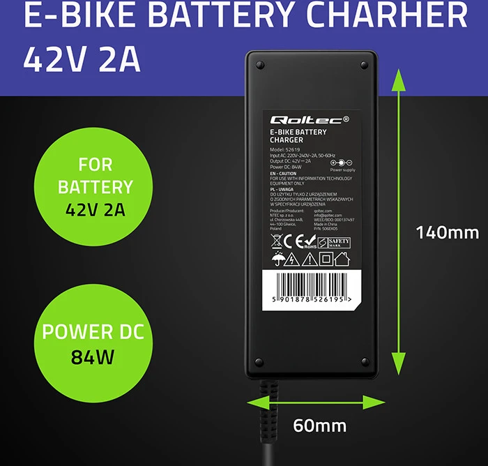 Qoltec greitas įkroviklis elektriniam dviratiui 36V 42V 2A GX12-3Pin su maitinimo kabeliu