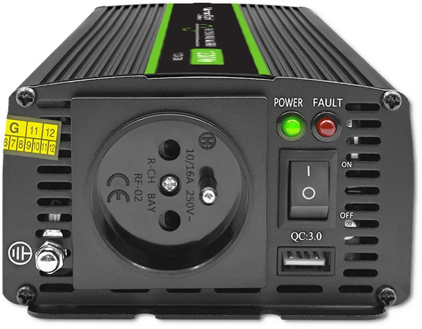 QOLTEC 51937 grynos sinusinės bangos keitiklis, monolitinis / 600 W / 1200 W / 24 V–230 V