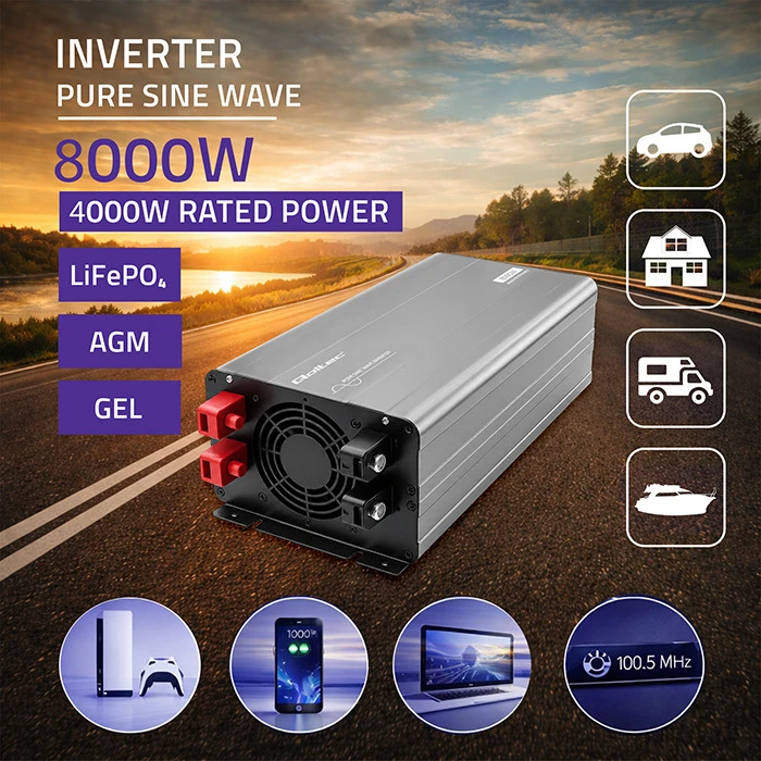 Qoltec Pure Sine Wave | 12V na 230V | 4000/8000W