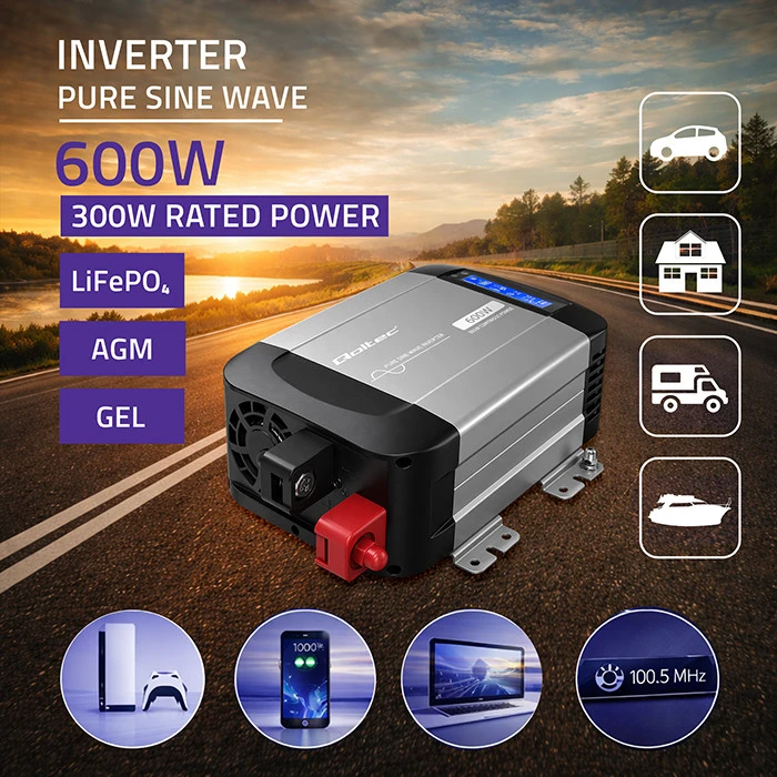 Qoltec Pure Sine Wave | 12V na 230V | 300/600W
