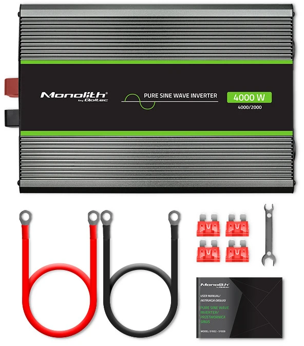QOLTEC 51939 grynos sinusinės bangos keitiklis, monolitinis / 2000 W / 4000 W / 24 V–230 V