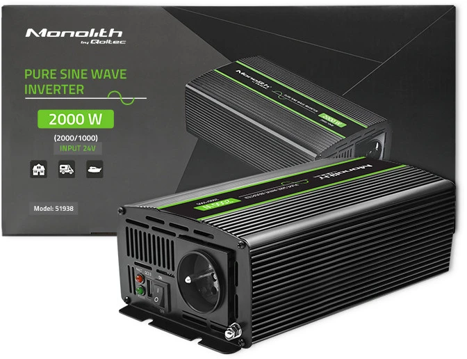 QOLTEC 51938 grynos sinusinės bangos keitiklis monolitinis / 1000 W / 2000 W / 24 V iki 230 V