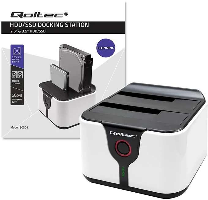 Qoltec 50309 HDD SSD 2,5" 3,5" prijungimo stotelė | SATA III | USB 3.0 | Super greitis 5Gb/s | su klonavimo funkcija