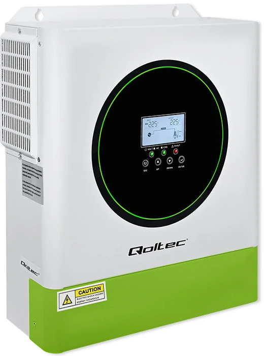 Qoltec 53865 Hibridinis saulės inverteris, neprisijungęs prie tinklo, 3500 W | 100 A | 24 V | MPPT | BMS | „Wi-Fi“ parinktis | Sinusinis | Galios koeficientas 1,0