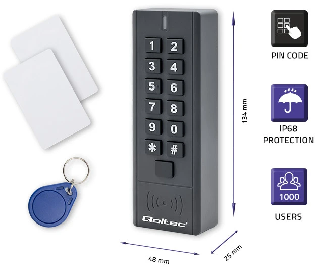 QOLTEC 52441 Kodinė spyna HYPERION su RFID skaitytuvu Kodų kortelės rakto pultelis IP68 EM