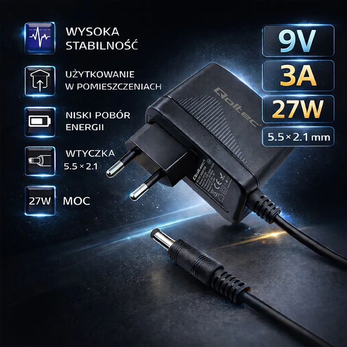 QOLTEC 50786 Kištukinis maitinimo šaltinis 27W 9V 3A 5,5x2,1