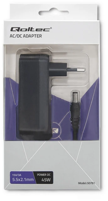QOLTEC 50791 Kištukinis maitinimo šaltinis 45W 15V 3A 5,5x2,1