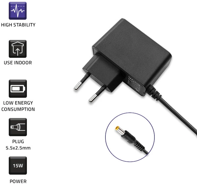 QOLTEC 52418 Kištukinis maitinimo adapteris PREMIUM 15W / 15V / 1A / 5,5x2,5