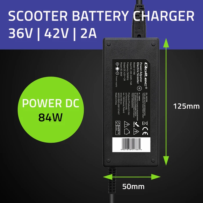 QOLTEC 51768 Maitinimo blokas Qoltec skirtas Xiaomi Mi elektriniam paspirtukui 84W 42V 2A 8.0*8.0+pin