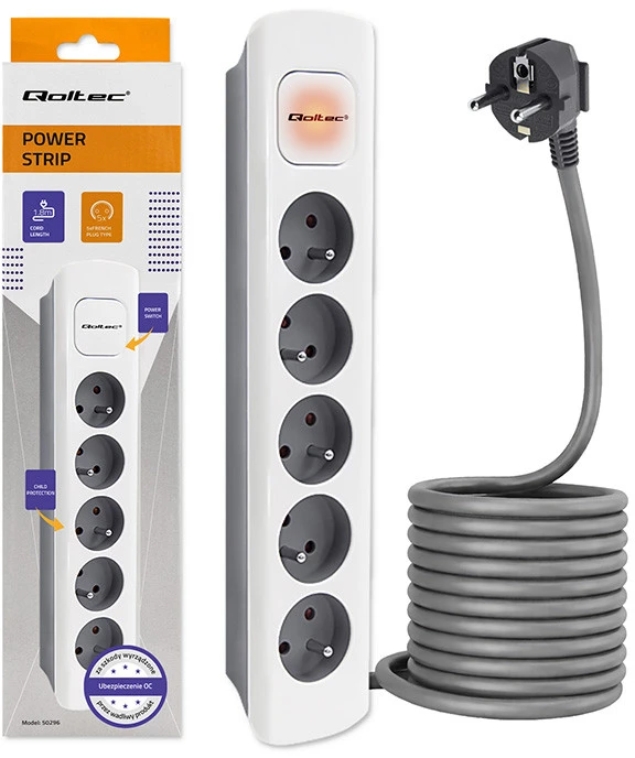 QOLTEC 50296 Power strip 5 sockets 1.8m Baltas pilkas
