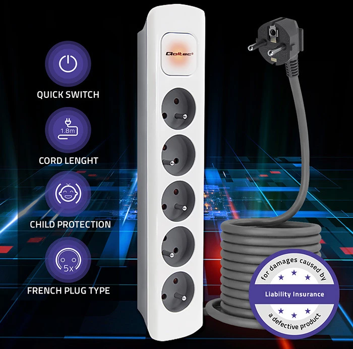 QOLTEC 50296 Power strip 5 sockets 1.8m Baltas pilkas