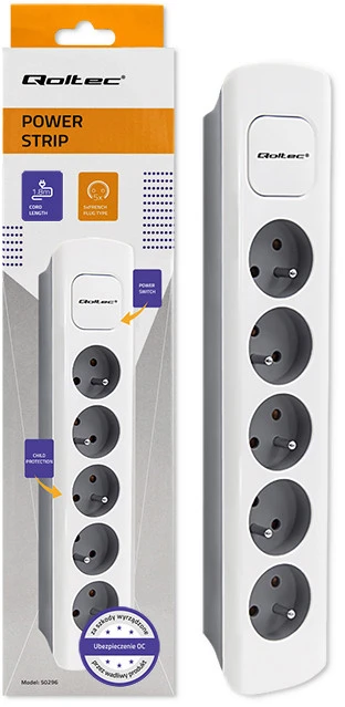 QOLTEC 50296 Power strip 5 sockets 1.8m Baltas pilkas