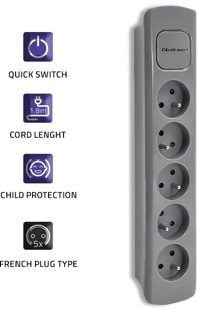 QOLTEC 50275 Maitinimo juosta 5 lizdai 1,8m Pilkas