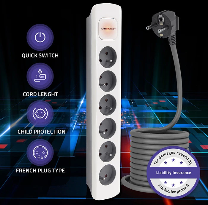 QOLTEC 50297 Maitinimo juosta 6 lizdai 1,8 m Balta pilka