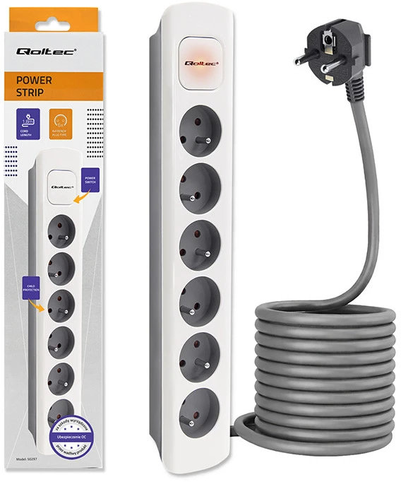 QOLTEC 50297 Maitinimo juosta 6 lizdai 1,8 m Balta pilka
