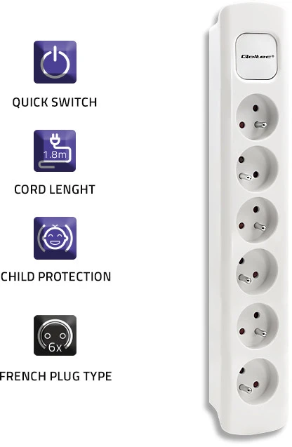 QOLTEC 50278 Maitinimo juosta 6 lizdai 1,8m Baltas