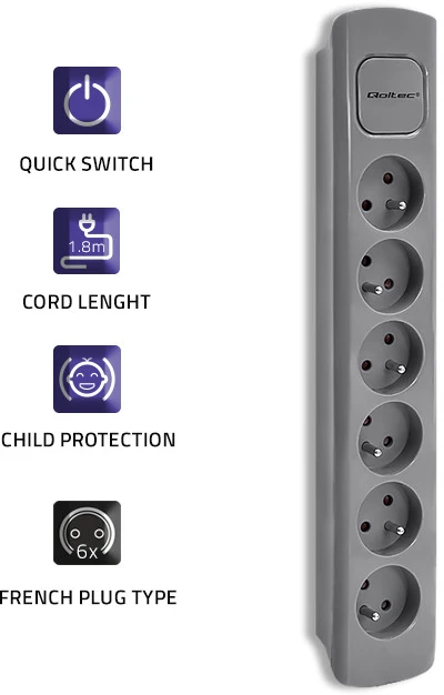QOLTEC 50277 Maitinimo juostelė 6 lizdai 1,8m Pilkas