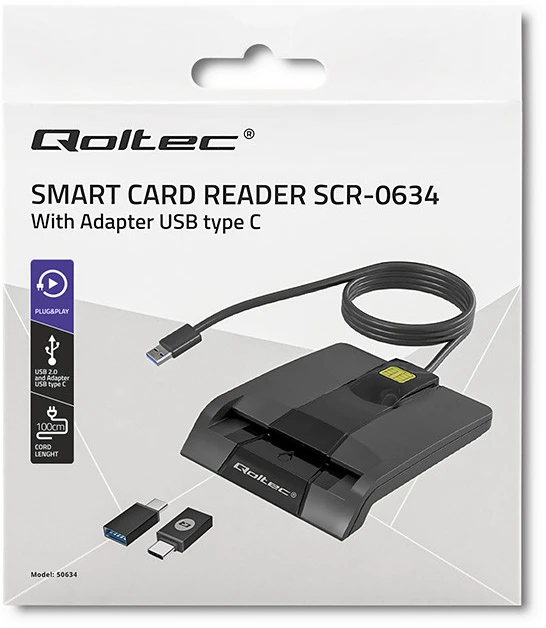 QOLTEC 50634 Išmanusis Smart ID lustinių kortelių skaitytuvas SCR0634 USB Type C