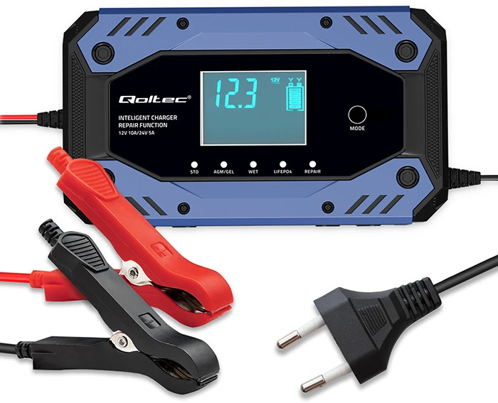 Qoltec 52482 vehicle battery charger 12/24 V Juodas, Mėlyna