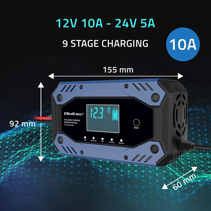Qoltec 52482 vehicle battery charger 12/24 V Juodas, Mėlyna