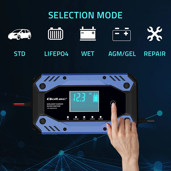 Qoltec 52482 vehicle battery charger 12/24 V Juodas, Mėlyna