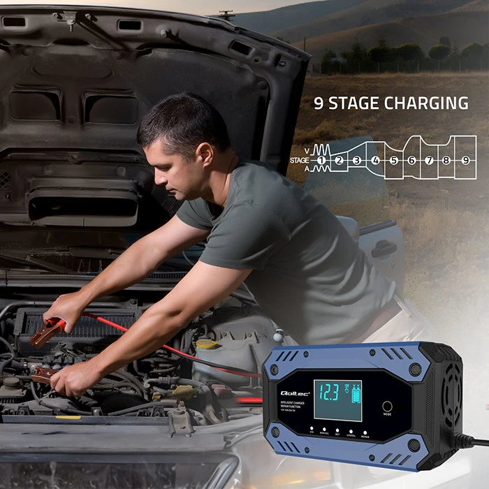 Qoltec 52482 vehicle battery charger 12/24 V Juodas, Mėlyna