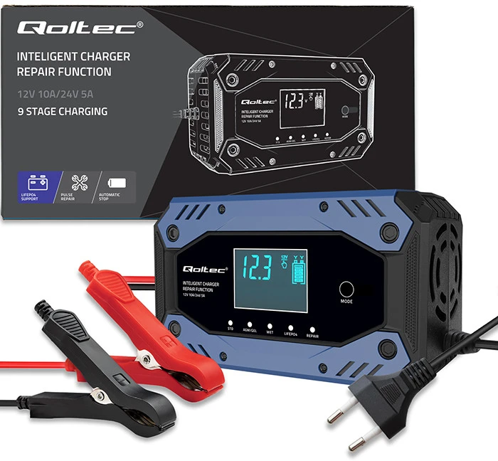 Qoltec 52482 vehicle battery charger 12/24 V Juodas, Mėlyna
