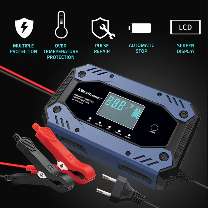 Qoltec 52482 vehicle battery charger 12/24 V Juodas, Mėlyna