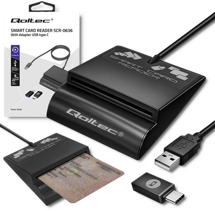 QOLTEC 50636 Intelligent Smart ID lustinių kortelių skaitytuvas SCR0636 USB tipo C