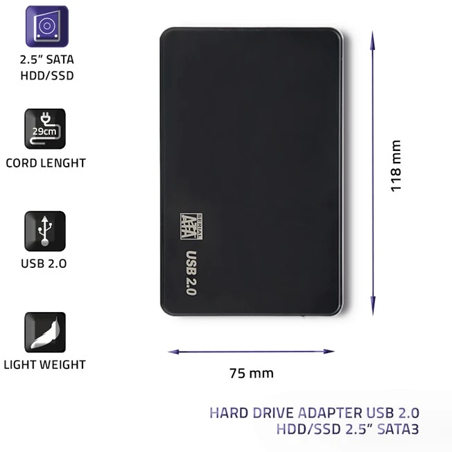 QOLTEC išorinio kietojo disko dėklas HDD/SSD 2.5" SATA3 USB 2.0 Juodas