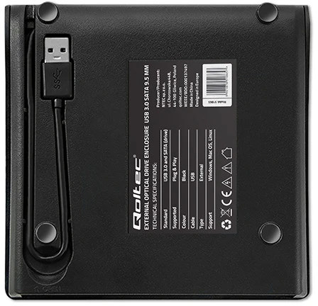 Qoltec išorinis USB 3.0 9,5 mm SATA optinio disko dėklas su integruotu laidu