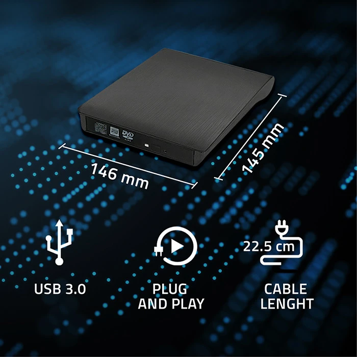 Qoltec išorinis USB 3.0 9,5 mm SATA optinio disko dėklas su integruotu laidu