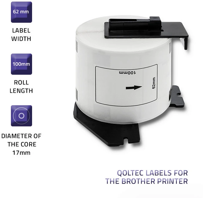 QOLTEC 50750 Juosta BROTHER DK-11202 / 62mm x 100mm / 300 etikečių / Baltas/Juodas print / Rulonas su laikikliu