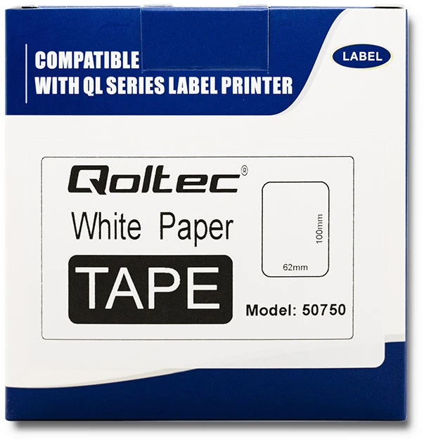 QOLTEC 50750 Juosta BROTHER DK-11202 / 62mm x 100mm / 300 etikečių / Baltas/Juodas print / Rulonas su laikikliu