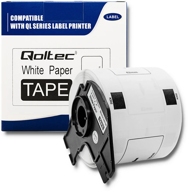 QOLTEC 50750 Juosta BROTHER DK-11202 / 62mm x 100mm / 300 etikečių / Baltas/Juodas print / Rulonas su laikikliu