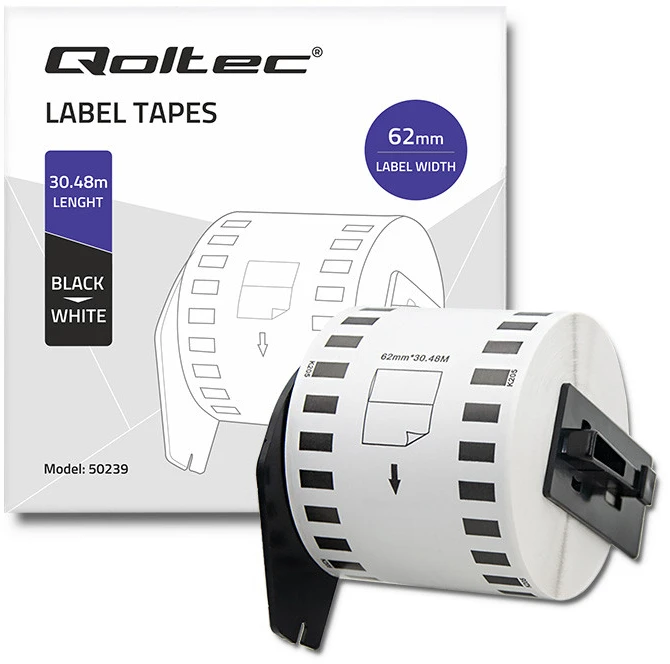 QOLTEC Tape for BROTHER DK-22205 62mm x 30.48m Baltas / Juodas overprint Volelis su rankena