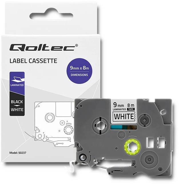 QOLTEC Tape for BROTHER TZe-221 9mm x 8m Baltas / Juodas overprint