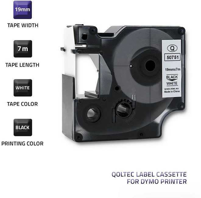 QOLTEC 50751 Tape for DYMO D1 45803/ 45808 / 19mm x 7m / Baltas/Juodas print