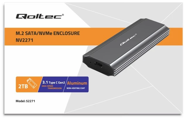 Qoltec 52271 Korpusas NV2271, skirtas M.2 SSD diskui | SATA | NVMe | USB-C | 2TB