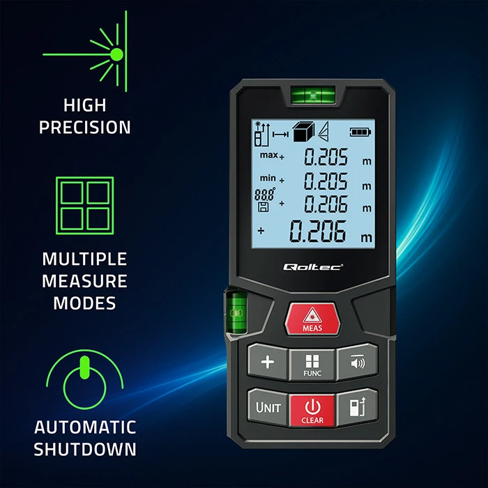 „Qoltec Precision“ skaitmeninis lazerinis atstumo matuoklis su nivelyru | su LCD ekranu | 120 m