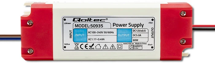 QOLTEC 50935 Impulsinis maitinimo šaltinis IP20 100V-240V 60W 12V 5A