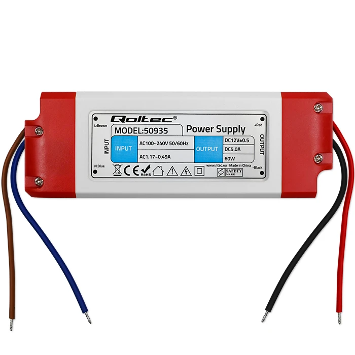 QOLTEC 50935 Impulsinis maitinimo šaltinis IP20 100V-240V 60W 12V 5A