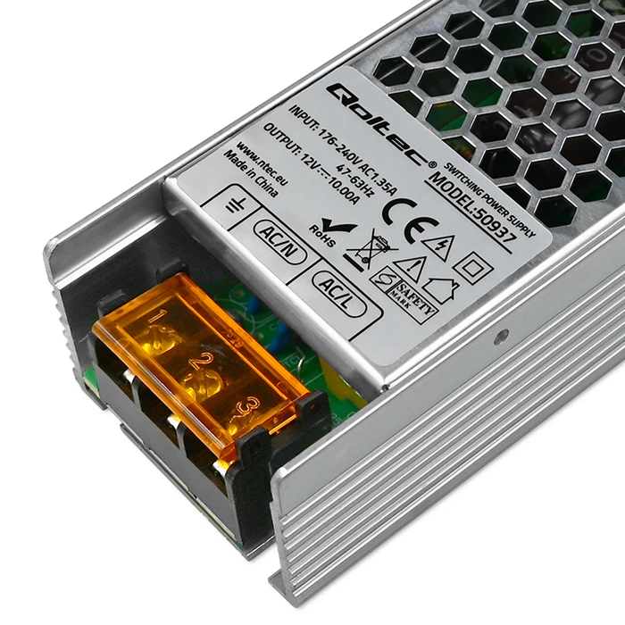 QOLTEC 50937 Qoltec Impulse maitinimo šaltinis SLIM | IP20 | 176V-276V | 120W | 12V | 10A