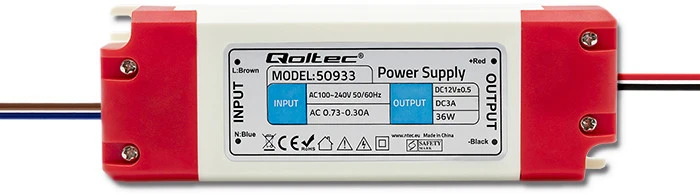 QOLTEC 50933 Qoltec Impulse maitinimo šaltinis | IP20 | 100V-240V | 36W | 12V | 3A