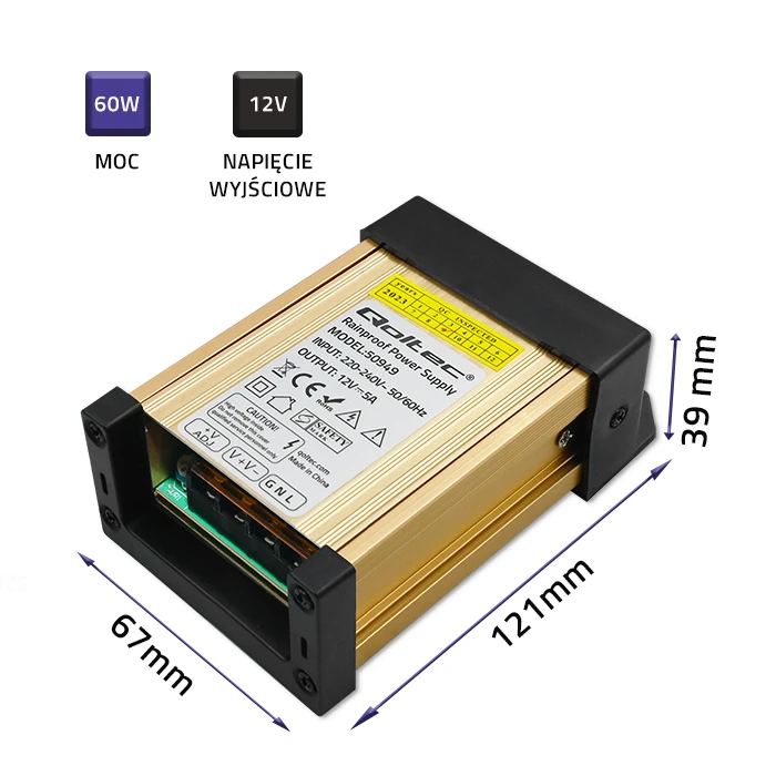 QOLTEC 50949 Impulsinis maitinimo šaltinis LED IP45 60W 12V 5A Atsparus vandeniui