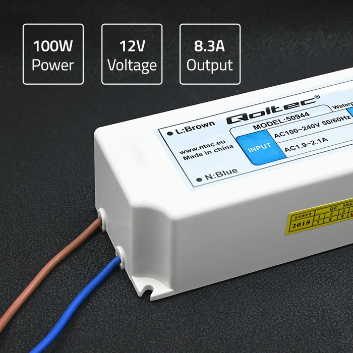 QOLTEC 50944 Qoltec Impulse maitinimo šaltinis | IP67 | 100V-240V | 100W | 12V | 8.3A