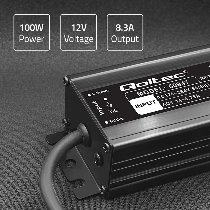 QOLTEC 50947 Impulsinis maitinimo šaltinis LED IP67 100W 12V 8.3A